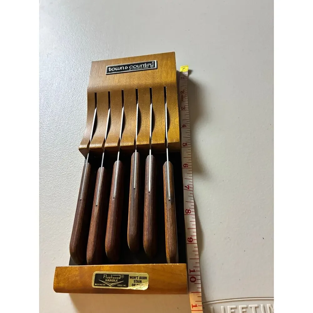 Vintage Town & Country Washington Forge 6 Steak Knives Wood Wall Rack Set USA
